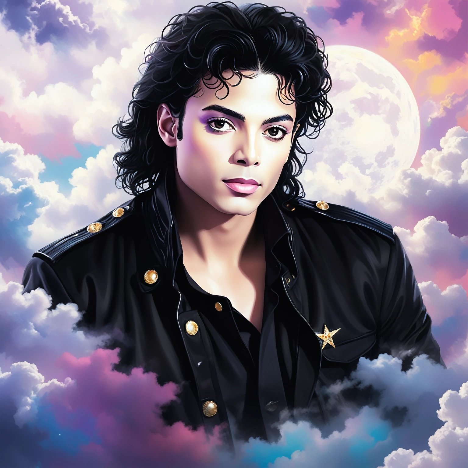 michael jackson in the clouds, michael jackson portrait, michael_jackson, michael jackson, portrait of michael jackson, official fan art, fanart โ, heaven!!!!!!!!, official fanart, vibrant fan art, prince in pastel!!!!, beautiful young prince, โ๏ธ๐จ, michael jackson moon dance, fan art, high quality fanart, fanart, iconic icon, # 1 digital painting of all time