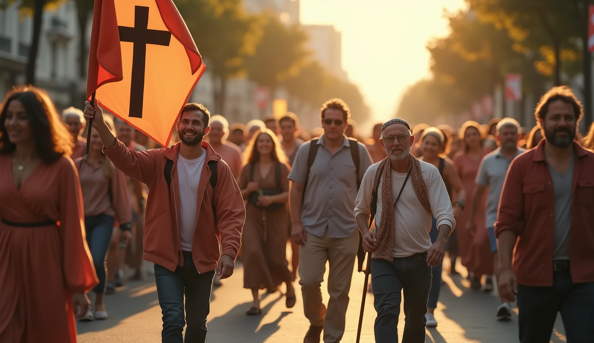 A group of people walking in a peaceful Christian parade, people with children on their laps and elderly people, happy young people, Happy families, a Cross on a flag carried by a young man, a man with kipah, realistic dinner, volumetric lighting, cinamatográfico, 8k