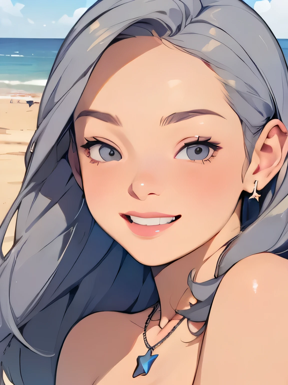 ((high quality colour line art)), (highly detailed), ((cute girl face)), (naked), (((((small tits))))), ((star-shaped blue necklace)), (((sunny beach))), ((pale skin)), (((anatomically correct))), (long white hair), (((chubby))), (singing), ((close-up)), ((grey eyes)), ((whole face)), ((smirk))