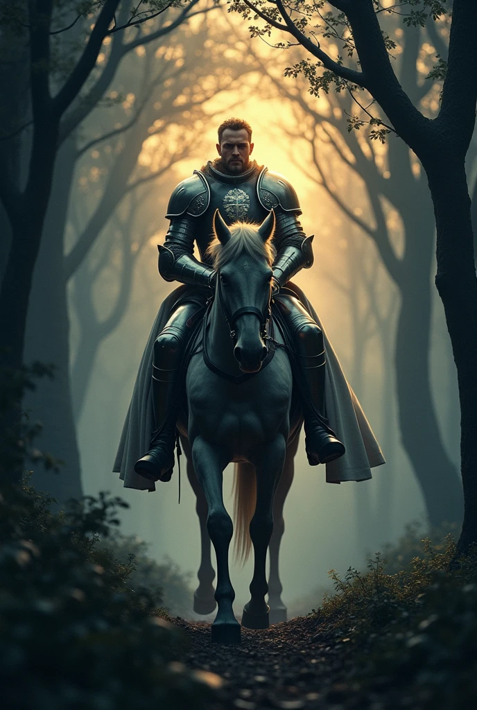 A knight riding his horse was entering the dark forest