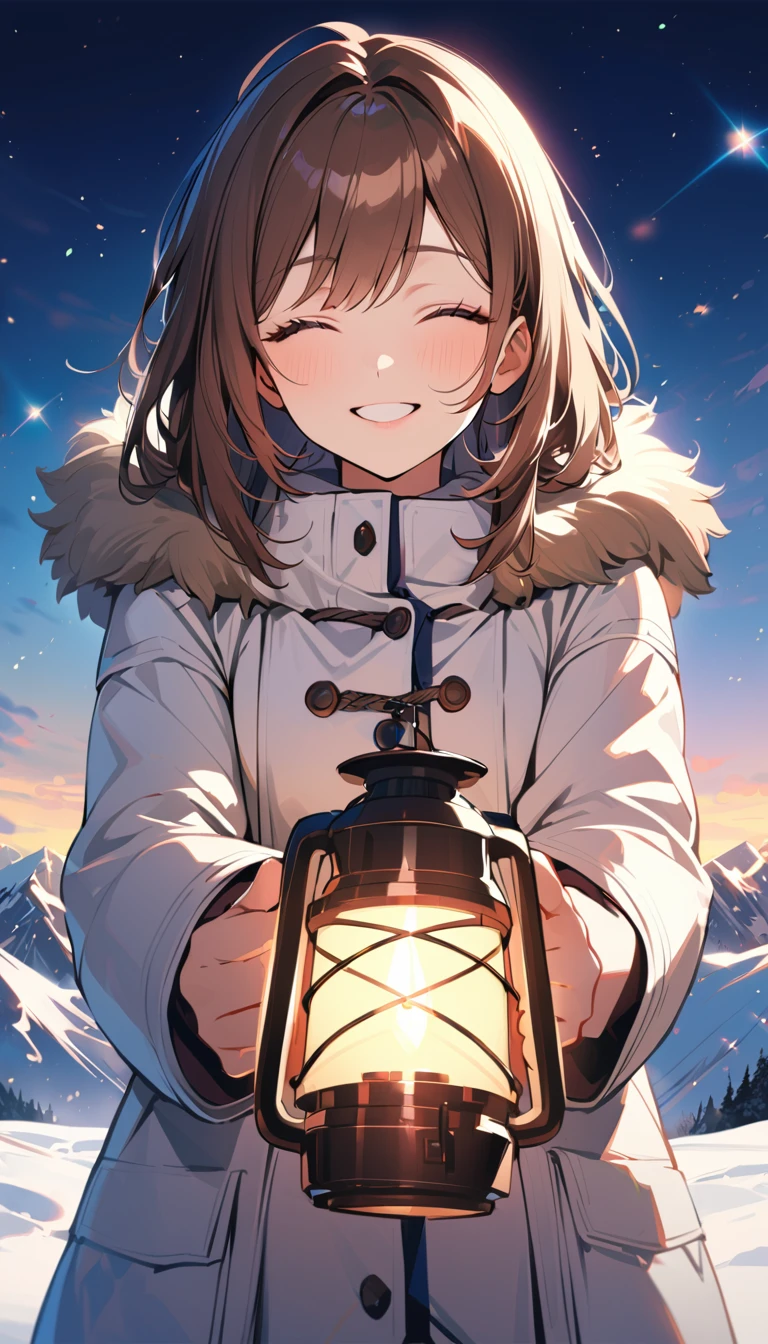 1woman, solo, brown hair, eyelashes, light lips, Close her eyes and smile, happy, 25years old, white duffle coat, fur, looking at viewer, cowboy shot, opened mouth, snowy landscape, Film Lighting