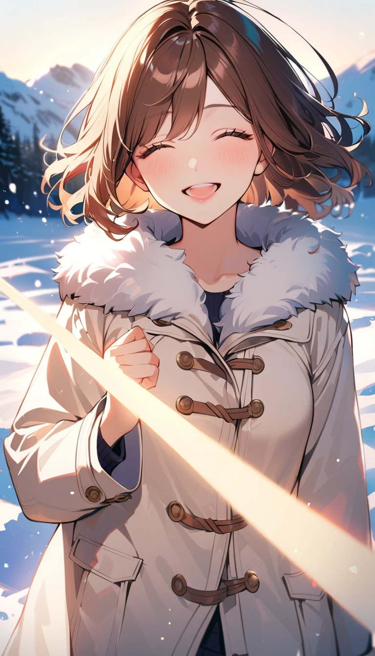 1woman, solo, brown hair, eyelashes, light lips, Close her eyes and smile, happy, 25years old, white duffle coat, fur, looking at viewer, cowboy shot, opened mouth, snowy landscape, Film Lighting
