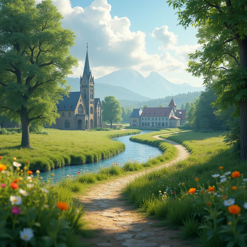 Meadow trail, ground level, river following trail, town in the distance, Gothic art, ray tracing, masterpiece, accurate, super detail, high details, highres, 1080P, HD, 4K, 8k, 16k, best quality