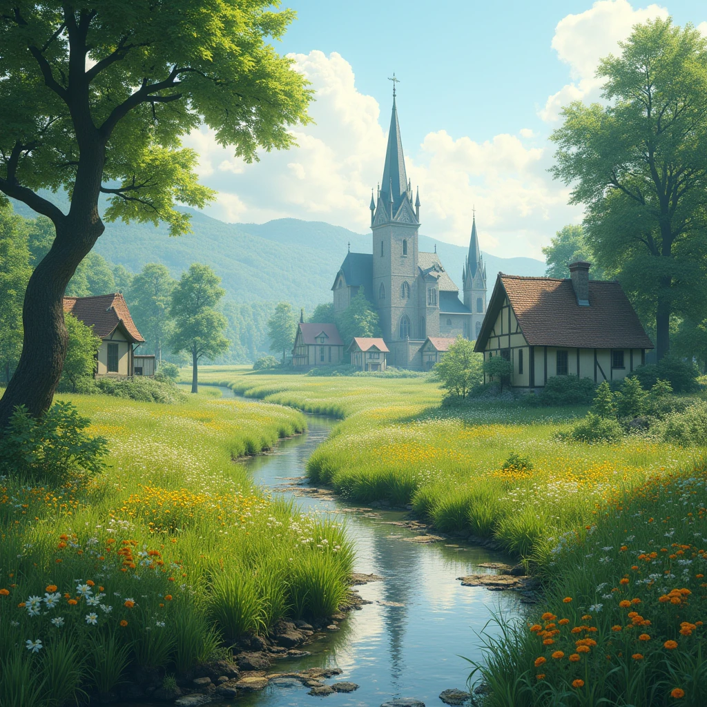 Meadow trail, ground level, river following trail, town in the distance, Gothic art, ray tracing, masterpiece, accurate, super detail, high details, highres, 1080P, HD, 4K, 8k, 16k, best quality