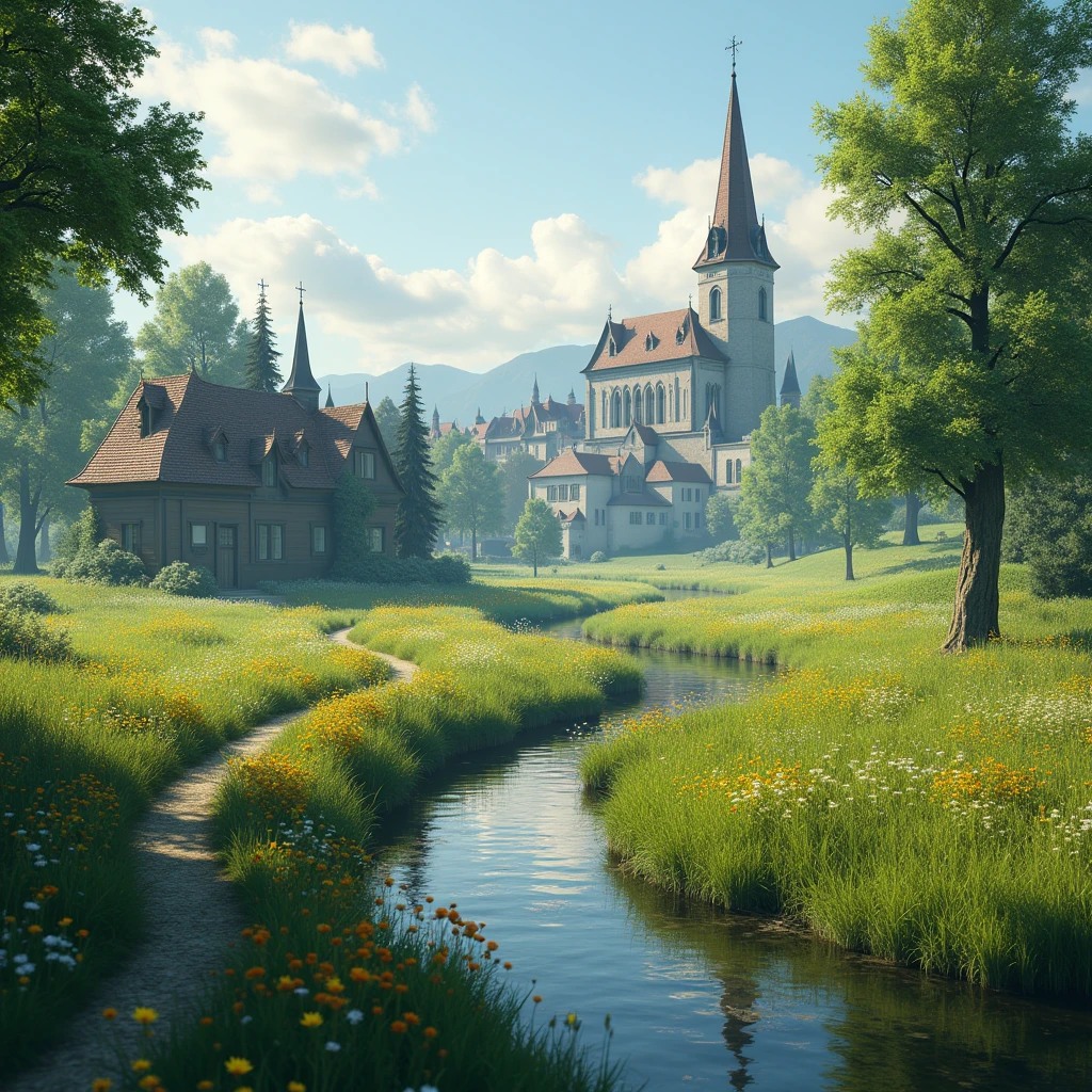 Meadow trail, ground level, river following trail, town in the distance, Gothic art, ray tracing, masterpiece, accurate, super detail, high details, highres, 1080P, HD, 4K, 8k, 16k, best quality