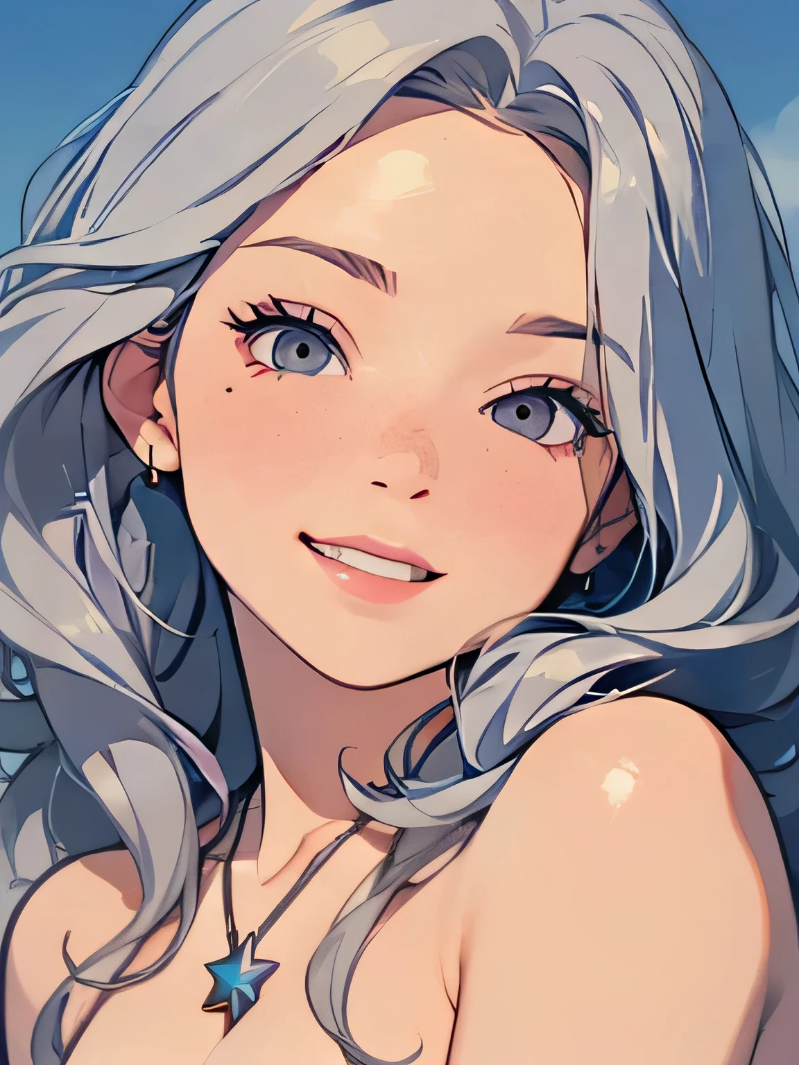 ((high quality colour line art)), (highly detailed), ((cute girl face)), (naked), (((((small tits))))), ((star-shaped blue necklace)), (((sunny beach))), ((pale skin)), (((anatomically correct))), (long white hair), (((chubby))), (singing), ((close-up)), ((grey eyes)), ((whole face)), ((smirk))