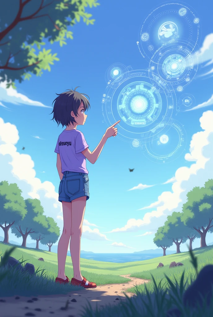 Anime girl with short jeans, Light purple t-shirt with the text “dissenyu” in black, by the wide, seeds, chestnut, admiring artificial intelligence as if it were a universe yet to be discovered, with ia tools, about artificial intelligence and the girl pointing her fingers at them. Use lilac and light green colors. Let it not be a forest.