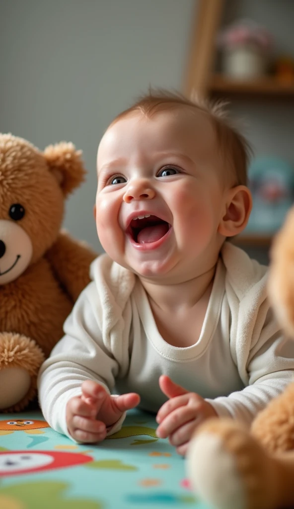 Create UHD photorealistic realistic photo, no animation, no 3D image, no Pixar style animation, no extra fingers. 10-month-old French baby laughing on colorful play mat, surprised stuffed animals around. Nikon D6, 105mm f/1.4 lens. High-key lighting. Lively, candid family moment style.
