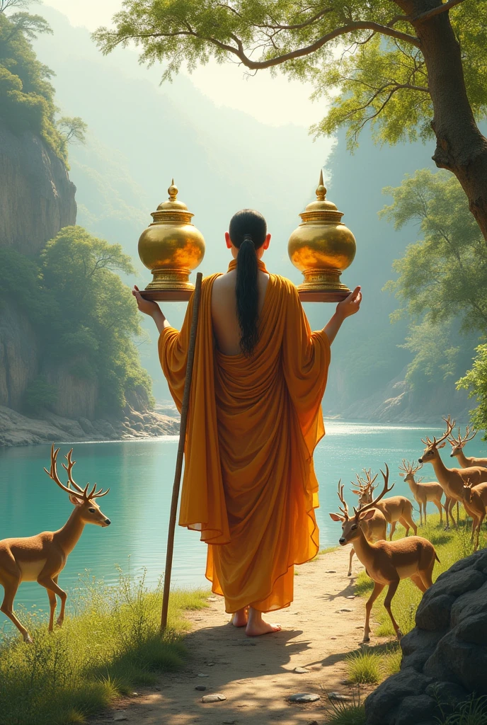 မဟာဗုဒ္ဓဝင်၊ သား ရွှေအိုးနှစ်လံုးကို ထမ်းပိုနဲ့ ရှေ့နောက်ထမ်းပြီး ပြန်လာ။ မြစ်ကမ်းနဘေးမှာ သမင်တွေကပြေးနေကြတယ်