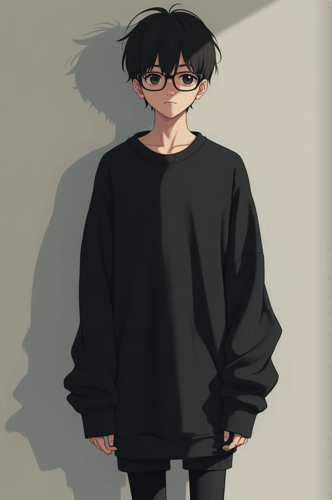 A short black haired male ager, Black loose sweatshirt, long black stockings, black glasses and a shy face