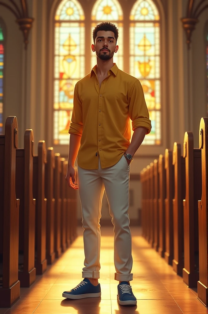 Draw a medium height, medium build white man. Black short curly hair, white skin, brown eyes, goatee, wearing a yellow dress shirt, white pants and blue sneakers. He is in a Catholic church. End of the day. Light coming through the stained glass windows. Realistic