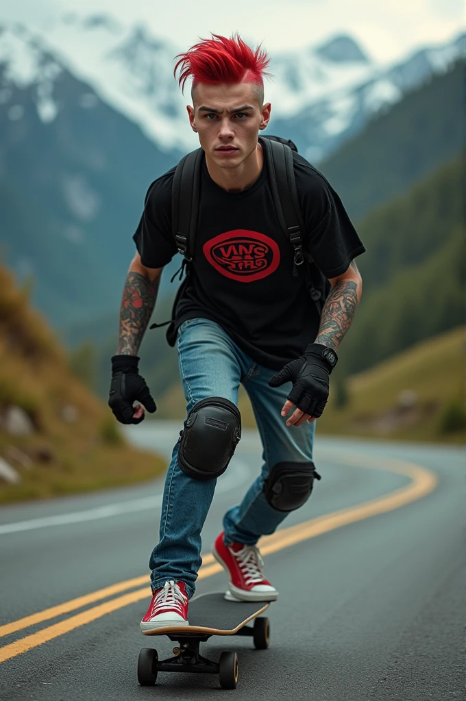 a young Punk skateboarding with red mohawk and upturned jacket covered in tattoos on his arms, confidently riding a skateboard down a winding mountain road ferry fasted, framed by the night golden light of the street. He is wearing a black t-shirt with a vintage VAN logo on his chest and a bag on his back, and denims jeans and use red converse shoes. The man look at the camera, his hands protected by black gloves, adding a personal touch to the thrilling scene. He also wears knee and elbow pads, ensuring safety as he navigates the turns with ease. The background is midnight lanscape features rolling green hills and snow-capped mountains in the distance, creating a stunning contrast to the rider’s dynamic movements, amplifying the excitement. In the distance. The image exudes the thrill of downhill skateboarding, the beauty of the natural scenery, and the fearless energy of the rider, with an Instagram-worthy night atmosphere.