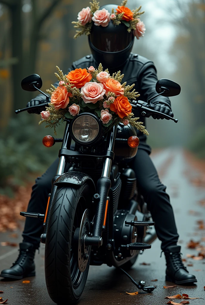 Harley motorcycle with a flower crown and a black mourning bow
