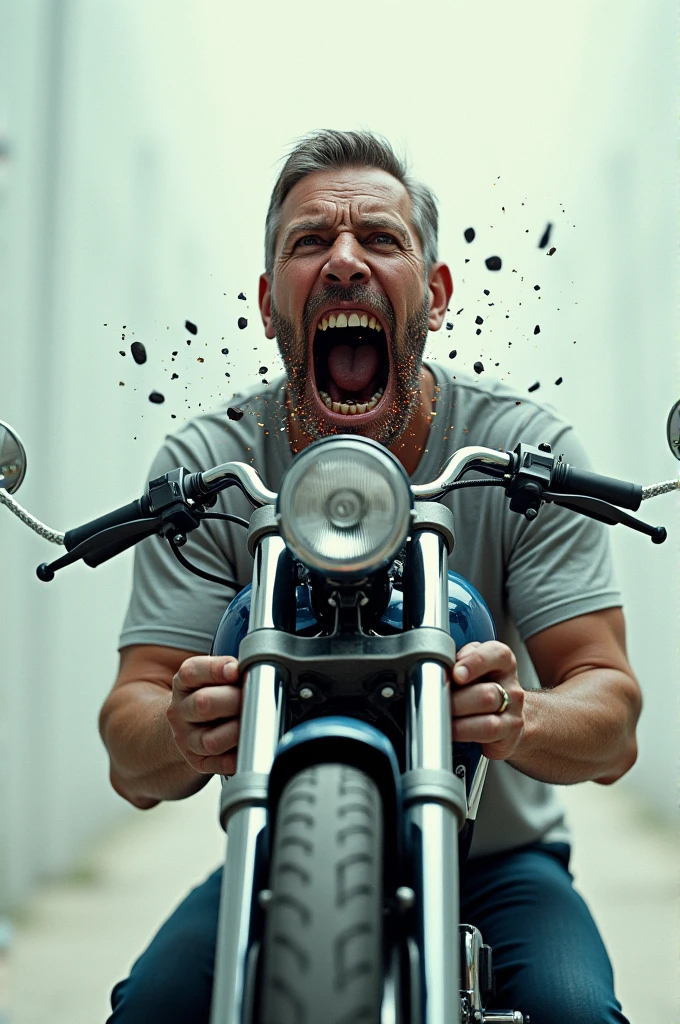 Man eating a motorcycle with his mouth