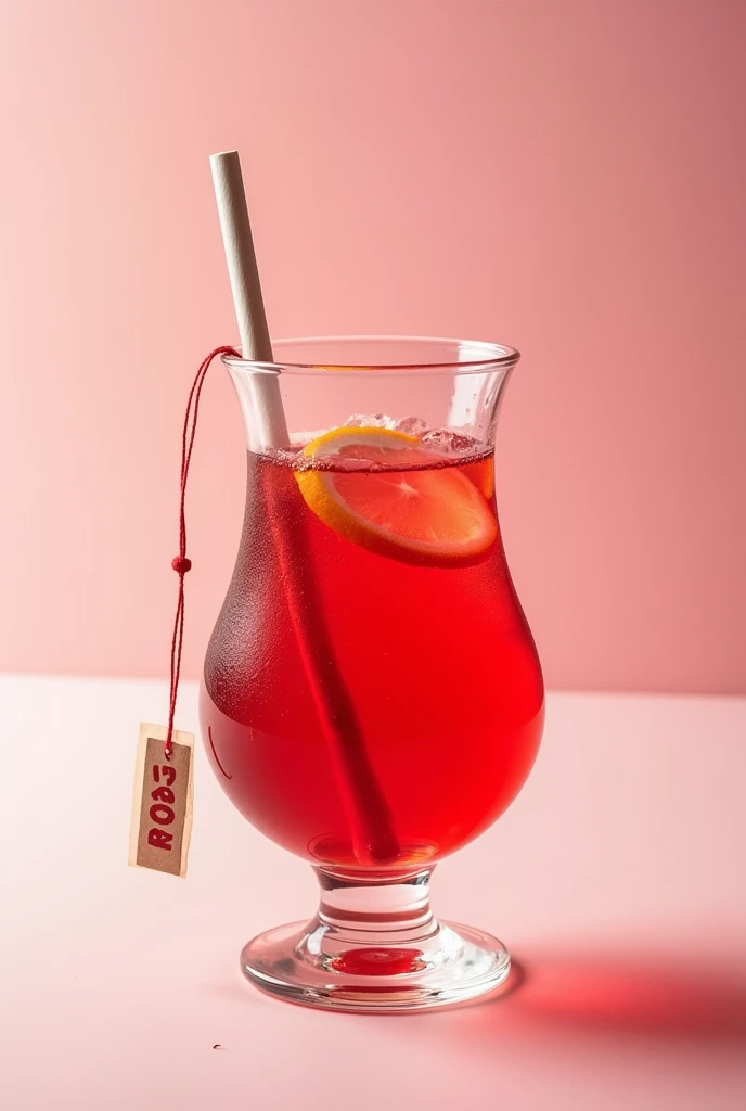 create an ad informing that the gin and tonic drink with red fruit tea is on sale and is going for 32,00, The drink is in a balloon glass and there is no fresh fruit in the glass, only the red color of the drink, no fruit on top of the drink, just the tea bag inside the cup with the tea bag string on the rim of the cup