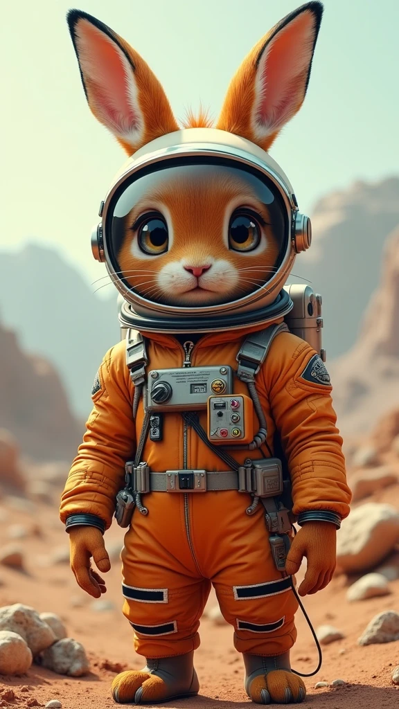 a full body orange hare, with spacesuit and realistic warning glasses as the reference image