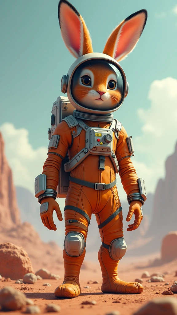 a full body orange hare, with spacesuit and realistic warning glasses as the reference image