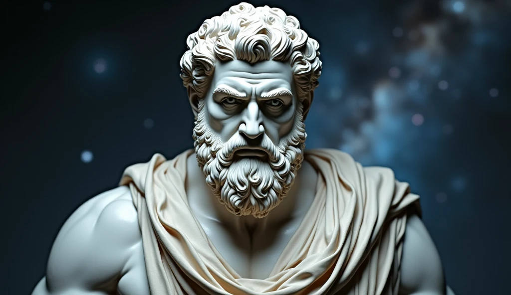 A realistic Greek white marble statue of Aristotle, brawny, brave and scary, detailed wearing a ghostly toga, neutral background, temperamental, , photorrealistic, super detailed, hyper realist, dark galaxy background, , close-up and serious face with very bright galaxy background