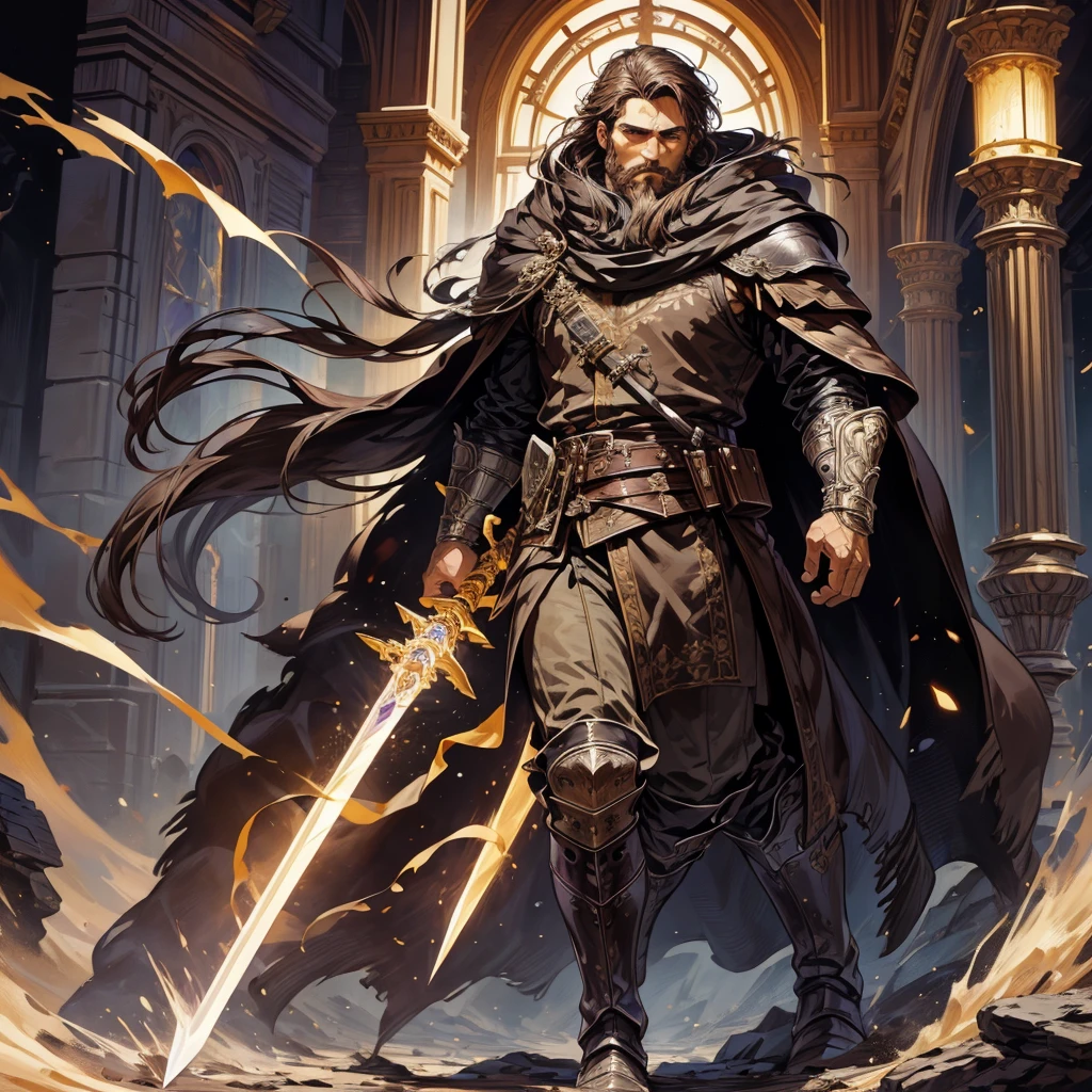 {{masterpiece, best quality, extremely detailed CG, unity 8k wallpaper, cinematic lighting}} Male with short brown hair, short beard, strong features, wearing violet and gold Nobles clothes, Leather boots, holding a sword, Flowing cloak