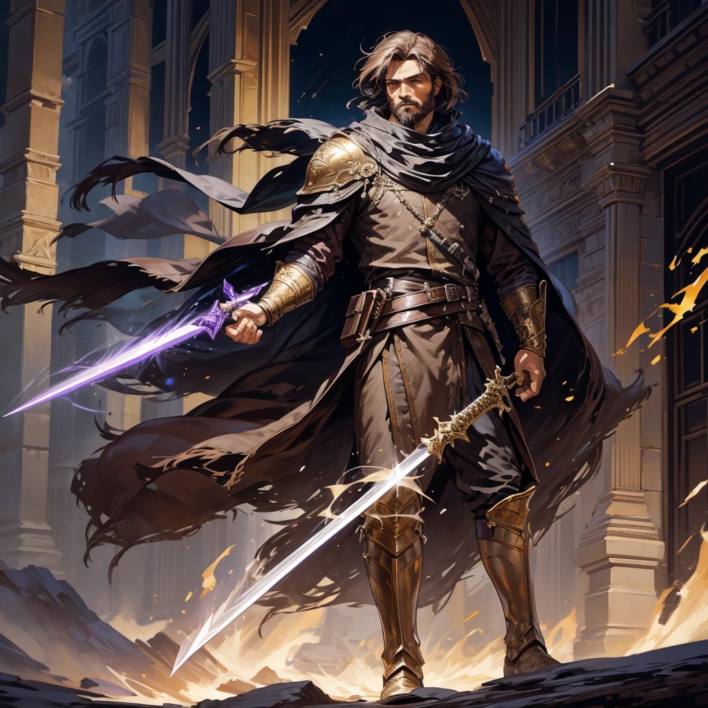 {{masterpiece, best quality, extremely detailed CG, unity 8k wallpaper, cinematic lighting}} Male with short brown hair, short beard, strong features, wearing violet and gold Nobles clothes, Leather boots, holding a sword, Flowing cloak