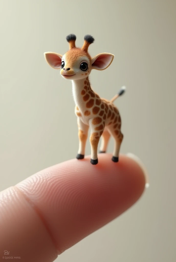((masterpiece, best quality, ultra detailed, 8K, photorealistic, hyperrealistic photo)), Micro Tiny baby [girafa] perched on a human finger