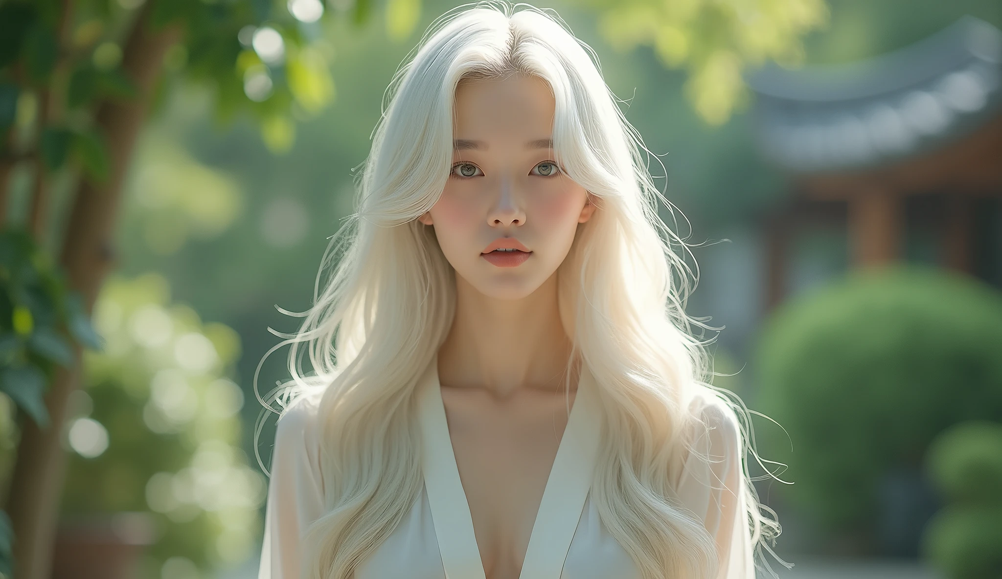 Long-haired, White haired Korean woman, Beautiful face showing cleavage, whole body , Wear casual clothes in the garden. Surrealism style, Pastel Tones, Mid Shot, Dramatic lighting.