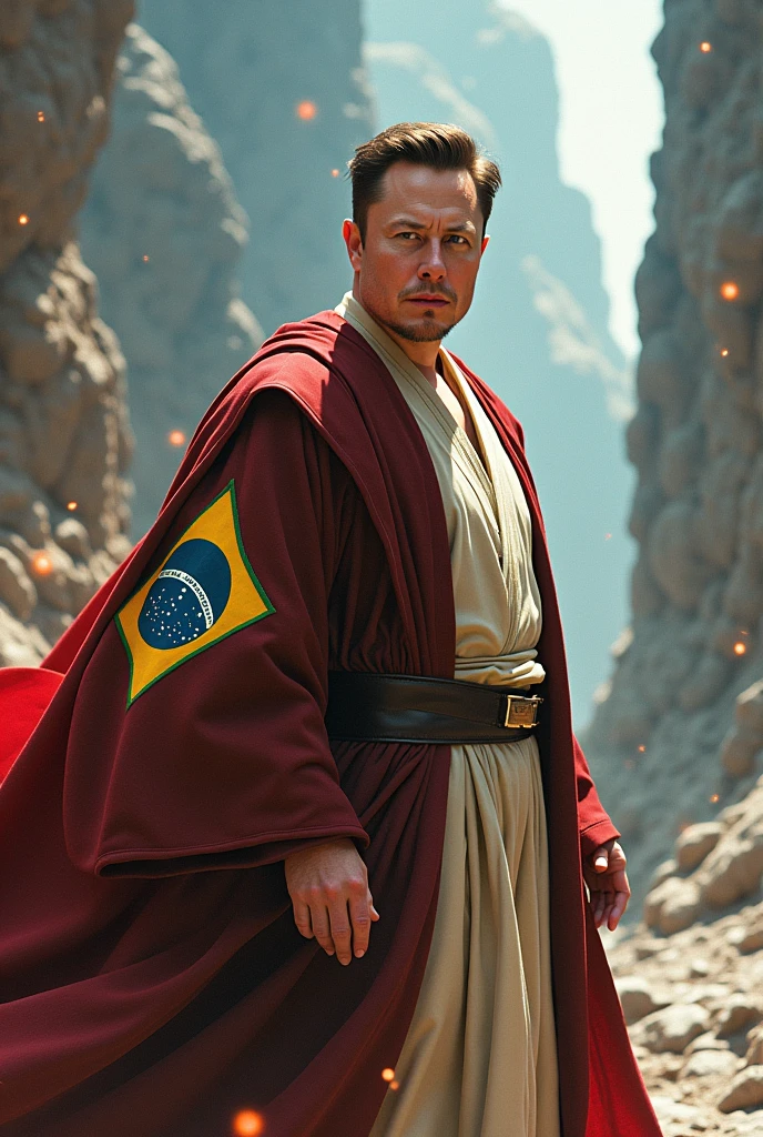 Image of Elon Musk wearing a Star Wars obi outfit with a Brazilian patch pushing Voldemort from Harry Potter away in a battle