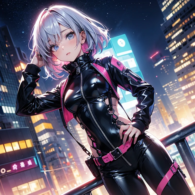 portrait, 1 girl, beautiful face, asymmetrical hair, multi-colored hair, belt, zipped bodysuit, grey eyes, hip vent, cute, neon night city, neon, looking up in the sky