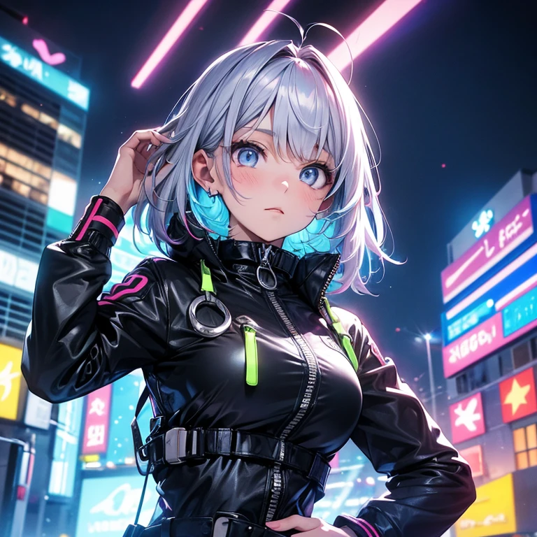 portrait, 1 girl, beautiful face, asymmetrical hair, multi-colored hair, belt, zipped bodysuit, grey eyes, hip vent, cute, neon night city, neon, looking up in the sky
