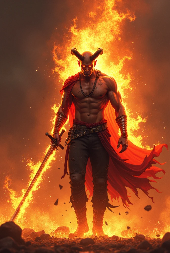 (1boy,solo),full body, gradient_background, ((burning,breathing fire, explosion,fiery tail)), torn clothes,cape,horns,holding_sword,