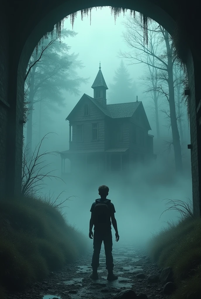 Max sort du tunnel et arrive en bordure de la forêt. La maison en ruine est maintenant enveloppée dans une brume dense, semblant se dissoudre dans l'air. Max regarde derrière lui avec une expression de soulagement mêlée de peur.