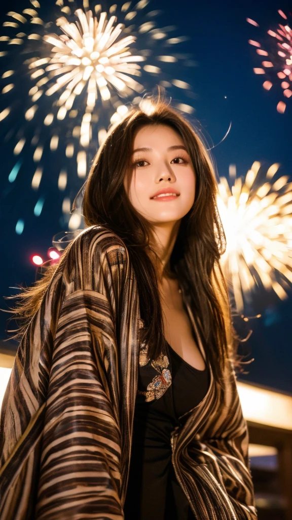 high resolution、Japanese women、Beauty、cute、Brown long hair hairstyle、Small face、Beautiful skin、Large breasts、Reality Stick、night、（Fireworks:1.5）、outside、Sexy pose、Sexy look、Long-sleeved yukata

