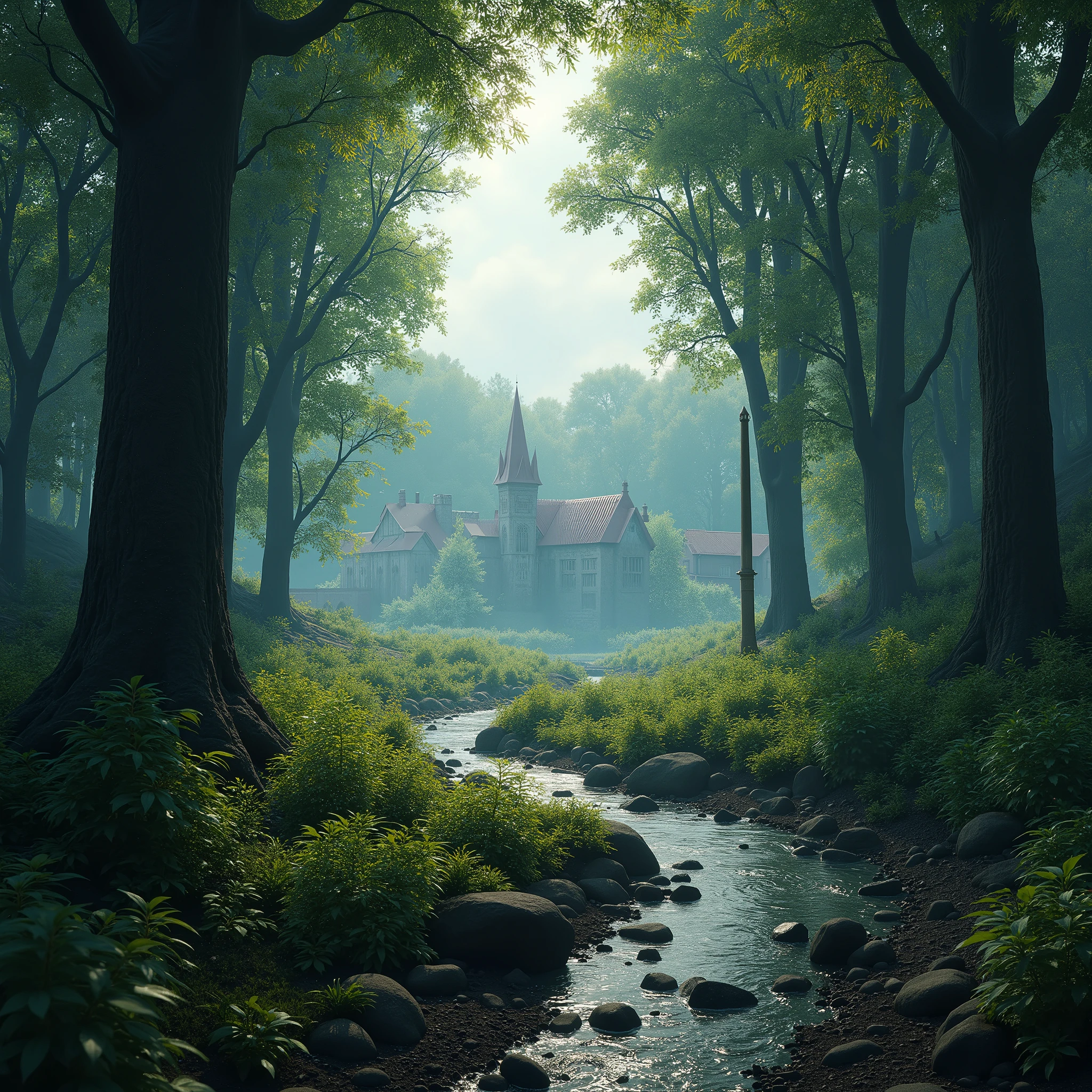 Forest trail, ground level, river following trail, town in the distance, Gothic art, ray tracing, masterpiece, accurate, super detail, high details, highres, 1080P, HD, 4K, 8k, 16k, best quality