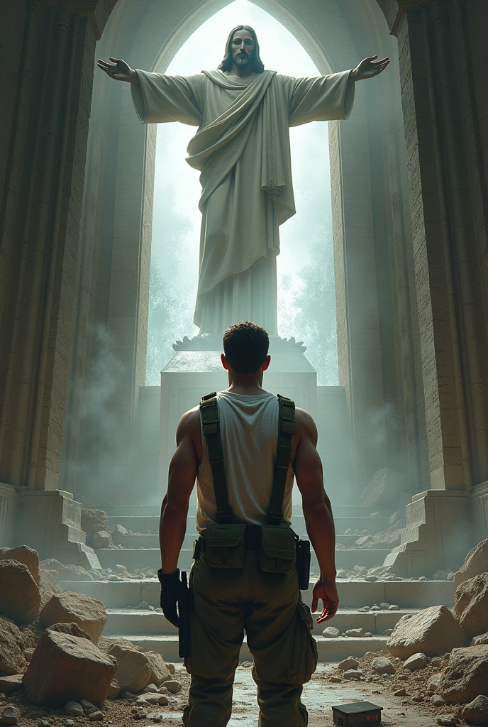 Soldier wearing a white tank top and tactical suspenders with his back turned towards an image of Jesus Christ in a church devastated by war