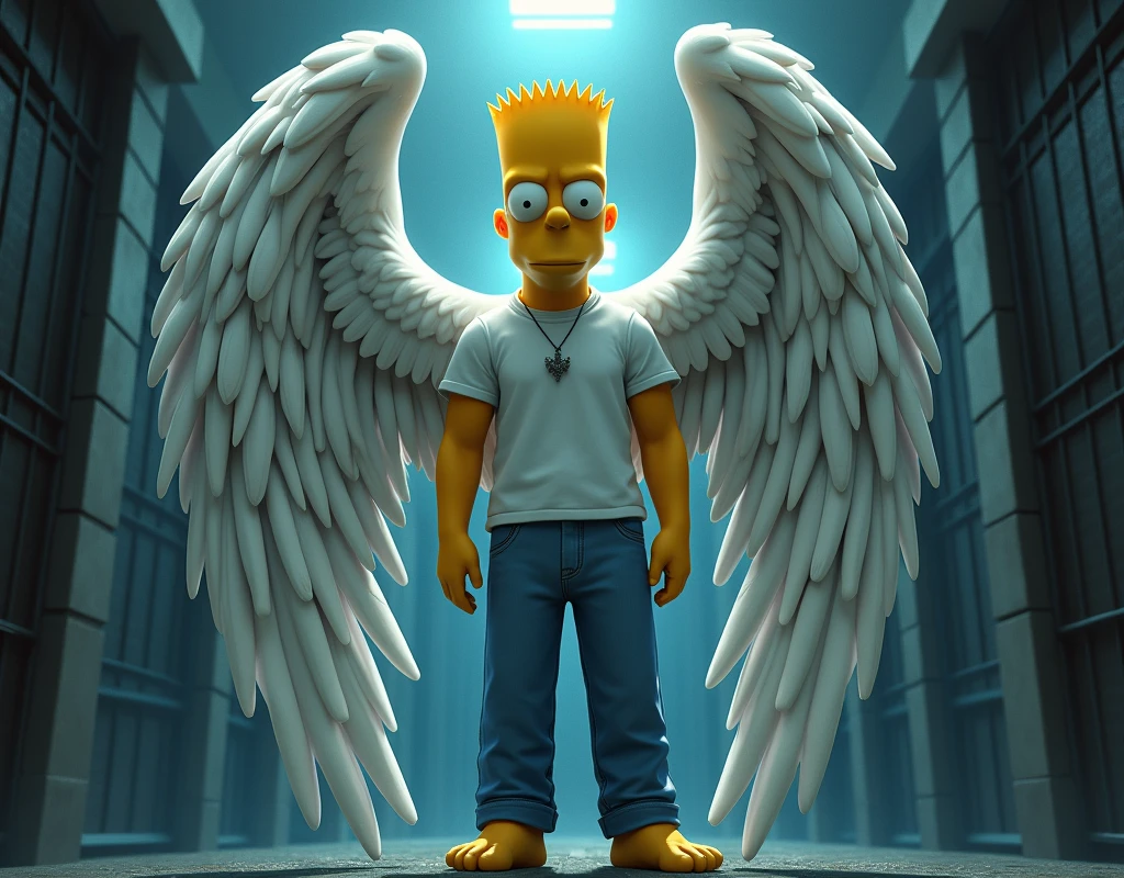 Bart Simpson is a gothic fallen angel with black wings shirtless, tattooed, standing in a jail, digital art by Yang J, trending on pixiv, digital art, full body majestic angel, winged Bart Simpson, extremely detailed art germ, ultra UHD, young gothic angel, beautiful Greek god pose, tall Bart Simpson with blue eyes, winged human, handsome Bart Simpson in Demon Slayer art, Greek god, exquisite and beautiful wings, 8K.