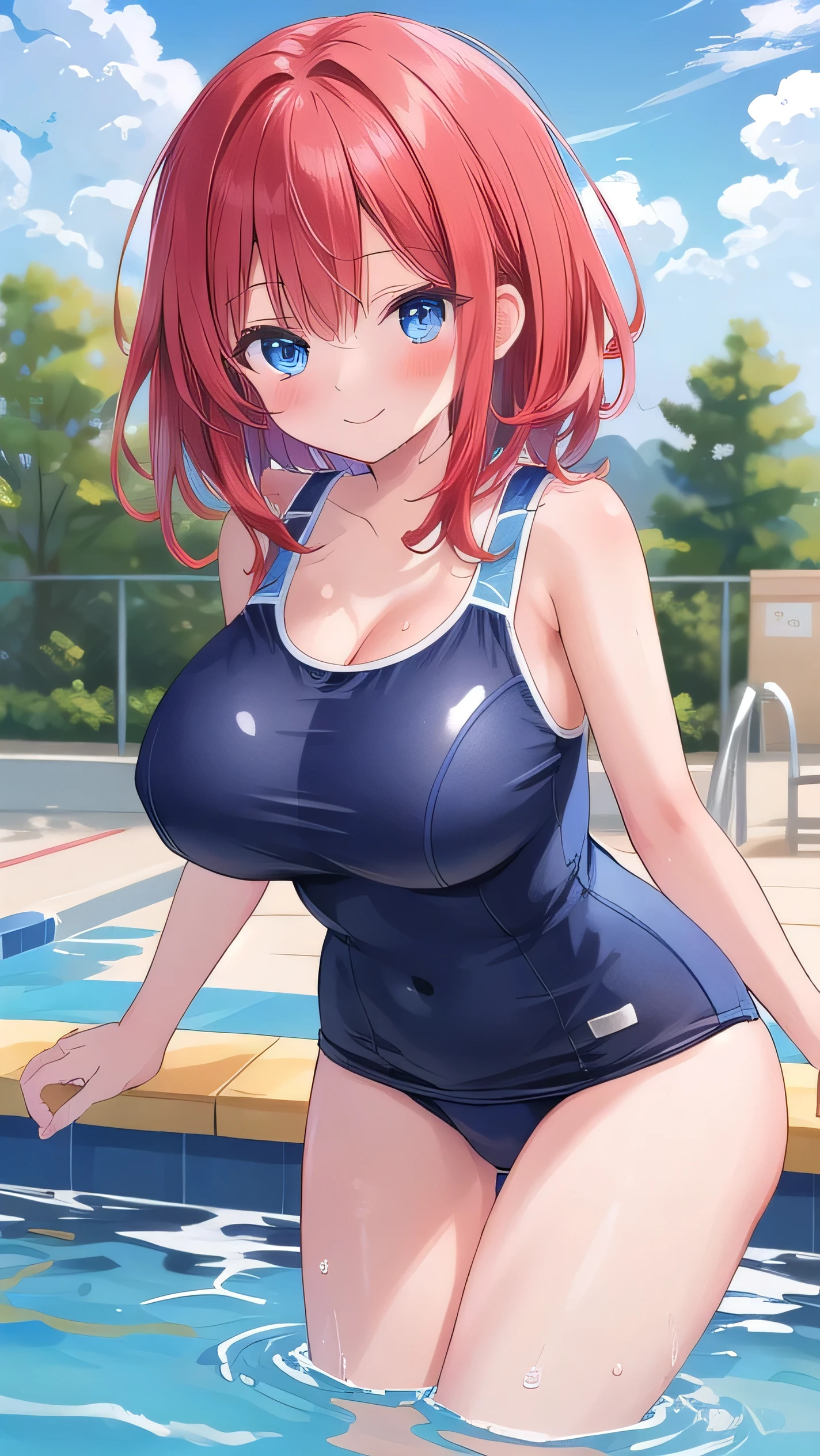 Big breasts, red hair, blue eyes, droopy eyes, naked, elementary school student, (super big breasts:1.1), (medium hair: 1), elementary school student, young face, short height, , shy Agari, slightly smiling, pool, straiht hair , (school swimsuit: 1),