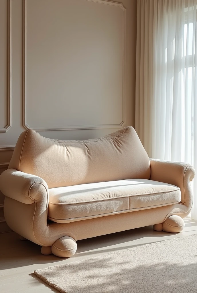 "Design a stylish, cat-themed sofa with a sleek and elegant design. The sofa should be covered in a luxurious, soft fur-like fabric, with the backrest shaped like a cat’s arched back. The armrests should be smooth and rounded, resembling a cat’s paws, with the footrest mimicking the curve of a cat’s tail wrapping around the side. The sofa’s seat should be cushioned with soft, plush materials, making it both comfortable and inviting. The overall design should be sophisticated, with a subtle nod to the cat theme, making it perfect for a modern living room with a playful yet elegant touch."