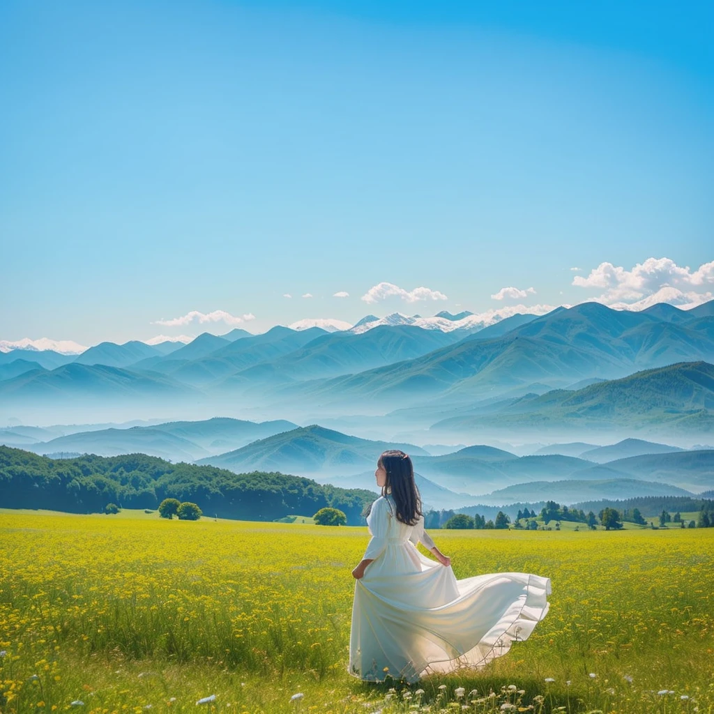 girl standing on the meadow、girl in a white dress、sky high and blue、sunny、I can see mountains in the distance、far away、stare into the distance、Standing in the distance、wide grassland