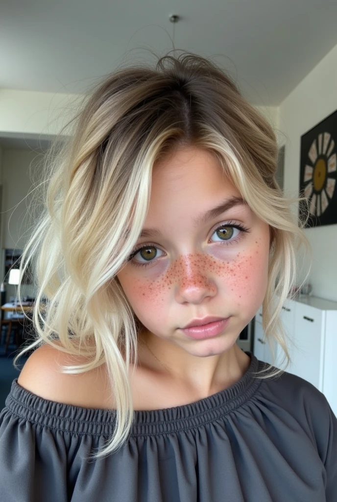 girl with freckles, beautiful face tender and innocent