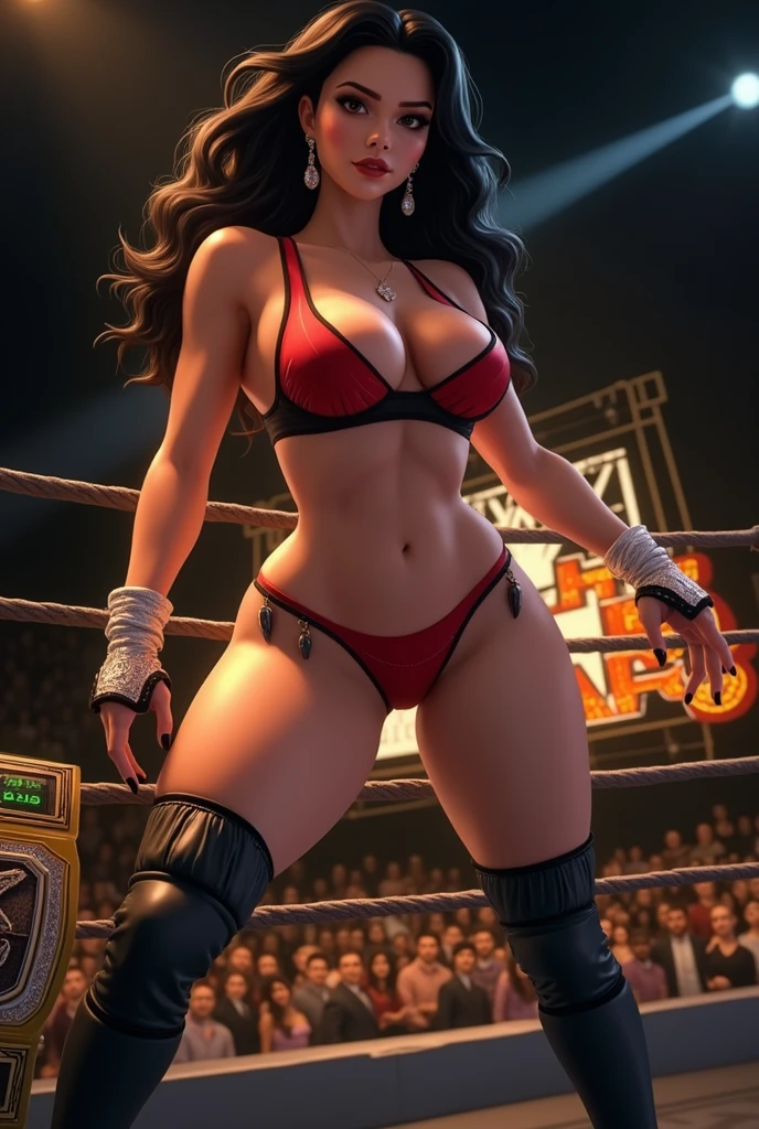 Sexy beautiful wrestler diva busty big tits huge boobs perky fake tits bubble booty black hair bright lingerie full lips in a ring with logo wwe championship belt. knee pads, elbow pads. Bimbo with big silicone boobs lips and ass, slim waist. cowboy shot, masterpiece, detailed, Ultra realistic image, HD, highest quality