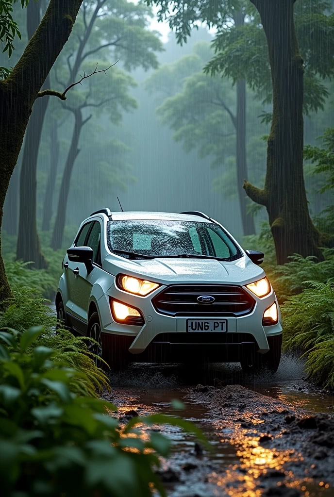 Ford ecosport in forest in rain