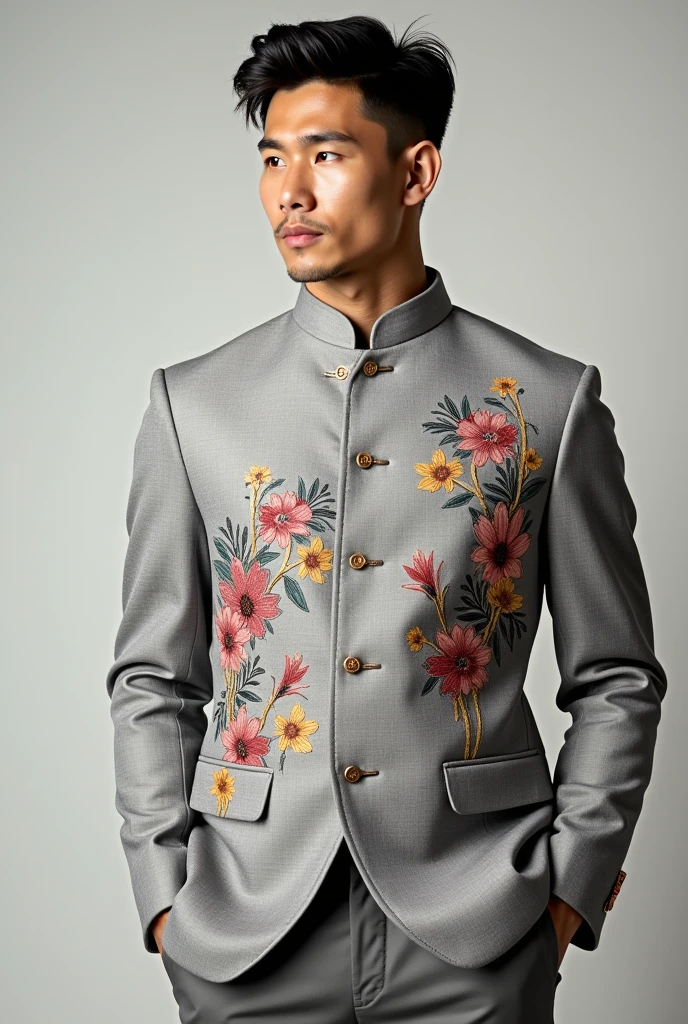 A strong young man wearing a short light gray diamond flower pattern songket coat and gray slacks