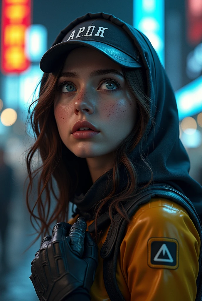 masterpiece, best quality, , (Solitary), 1 Girl, look up, Dim Lights, , horizon_(Apex Legends), goggles, blue eyes, Brown hair, Gloves, Scapula, Headdress, (freckle:0.5), , (_novel), outdoor, street, Neon lights, Cyberpunk,