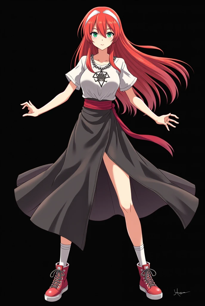 A full body image of an elderly girl, personagem do anime "JUJUTSU KAİSEN", she is very beautiful, with long, straight, fire-colored hair with two white streaks highlighted in the front, framing your face. She has blue-green eyes and pale skin.. she is a Wiccan, she is in fighting pose. she wears a pentagram necklace, beautiful women's high-top shoes and ¾-long socks. She is drawn with Gege Akutami's lines and animation style., criador de JUJUTSU KAİSEN. black backdrop.