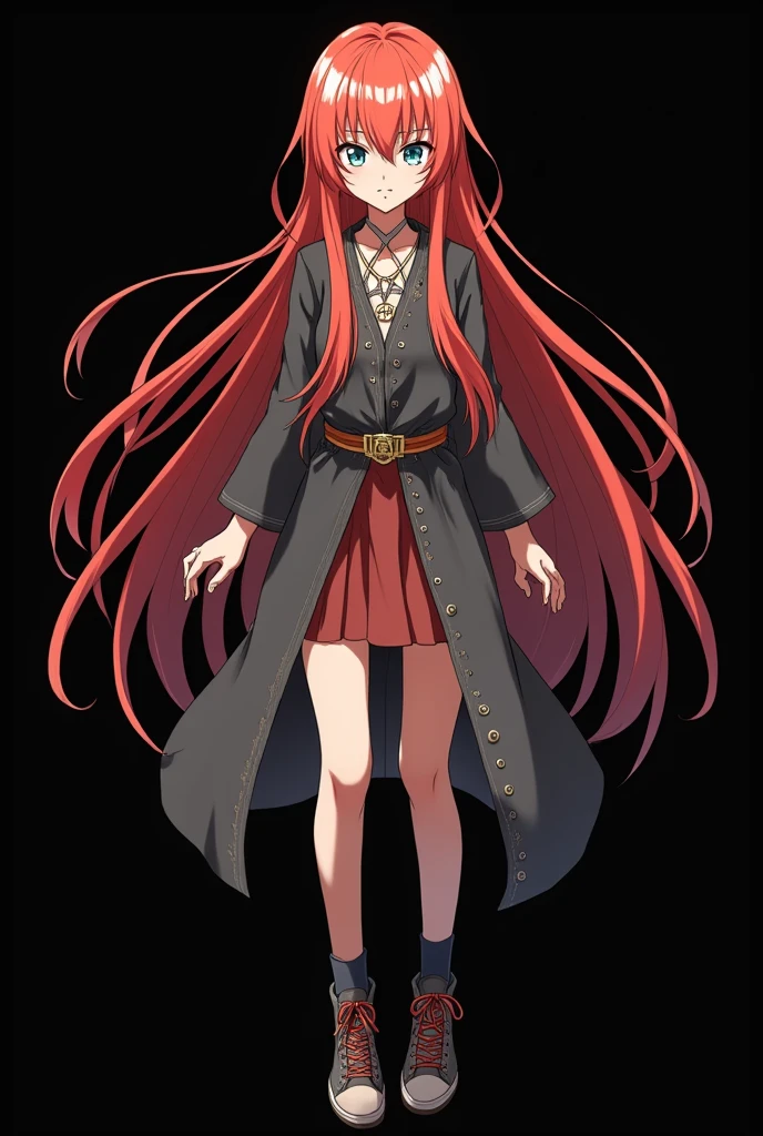 A full body image of an elderly girl, personagem do anime "JUJUTSU KAİSEN", she is very beautiful, with long, straight, fire-colored hair with two white streaks highlighted in the front, framing your face. She has blue-green eyes and pale skin.. she is a Wiccan, she is in fighting pose. she wears a pentagram necklace, beautiful women&#39;s high-top shoes and ¾-long socks. She is drawn with Gege Akutami&#39;s lines and animation style., criador de JUJUTSU KAİSEN. black backdrop.