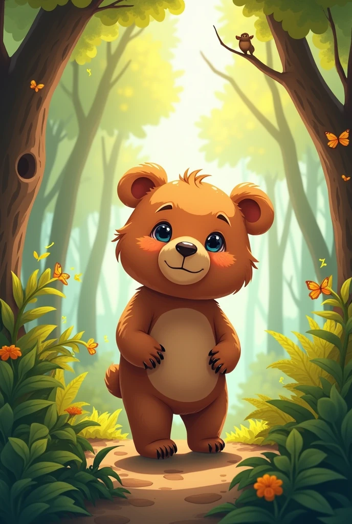 Create a cover for a story about a brown baby bear lost in the woods in cartoon style