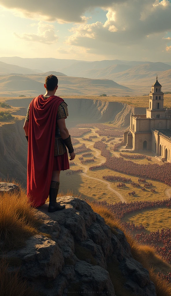 "Julius Caesar commanding his forces at the Siege of Alesia, with a detailed view of the double fortifications—one facing the trapped Gallic army inside and another facing the incoming reinforcements."