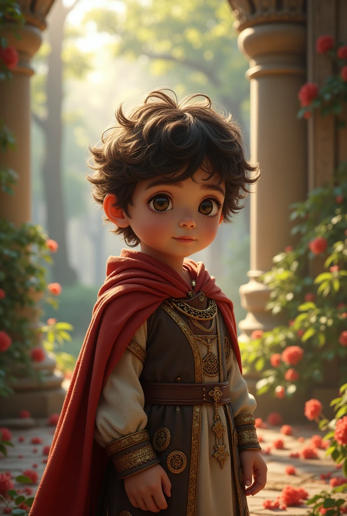 a young man, who is about 2. He has fluffy dark brown hair and dark brown eyes. He wears medieval clothes. He is a prince from a fantasy world.