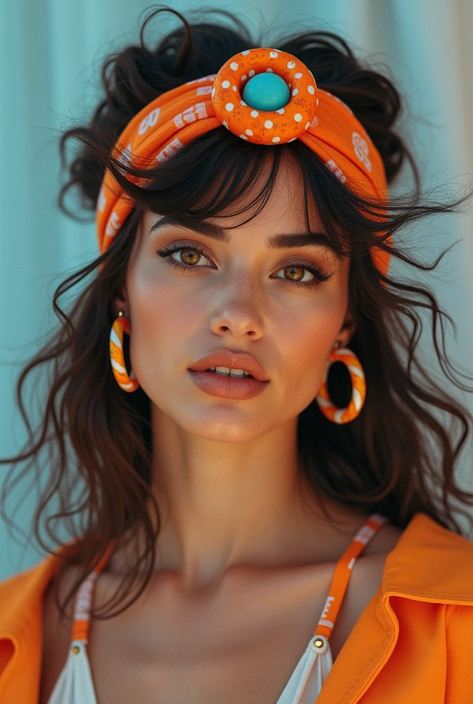 80s style woman with a fabric headband with a plastic accessory ring located in the middle, with earrings and hoop necklace of the same plastic material. The woman&#39;s hair is loose and blow-dried..