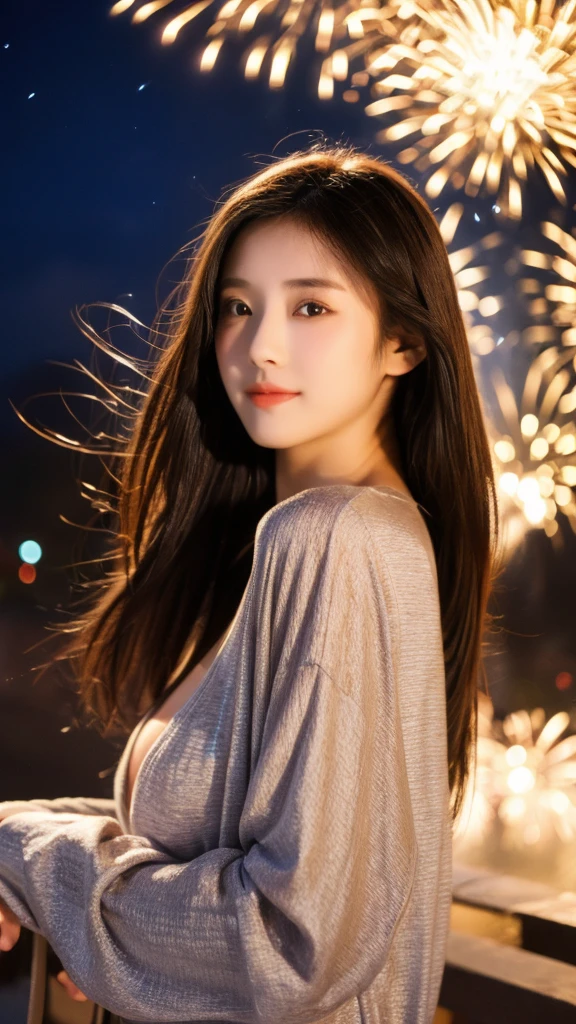 high resolution、Japanese women、Beauty、cute、Brown long hair hairstyle、Small face、Beautiful skin、Large breasts、Reality Stick、night、(Fireworks:1.5)、outside、Sexy pose、Sexy look、Wearing a long-sleeved yukata
